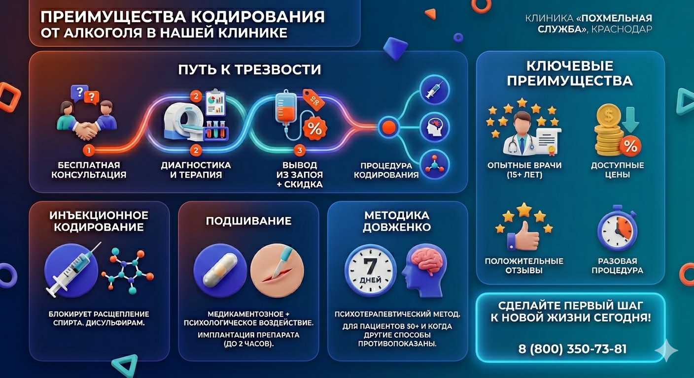 Инфографика о методах кодирования от алкоголя в Таганроге: инъекции, подшивание, метод Довженко. Преимущества клиники и этапы лечения.